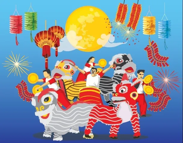 中秋节舞狮灯笼蓝色背景