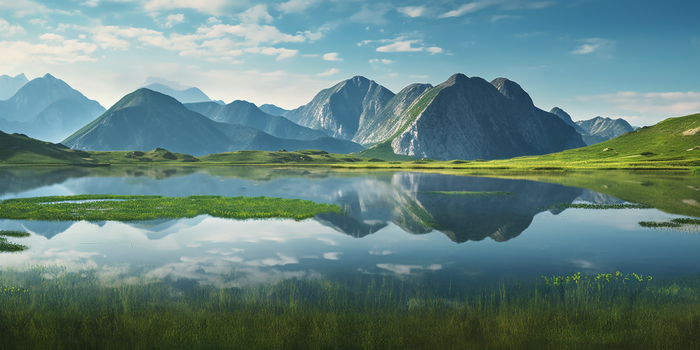 蓝天白云湖泊山峰美景摄影图(4608x2304)