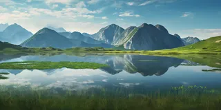 蓝天白云湖泊山峰美景摄影图