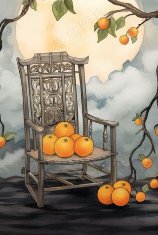 古风橘子树藤椅插画背景