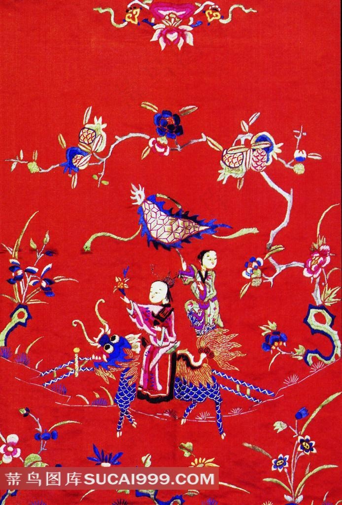 麒麟孩童石榴刺绣素材