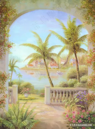 椰树湖畔建筑油画风景画