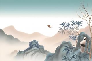古风山水画迎客松鸟水墨画背景