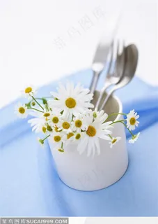 白色小菊花和用餐工具