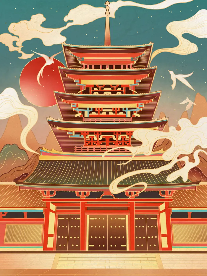 中国风国潮烫金仙鹤山水古建筑风景装饰插画背景PSD分层设计素材psd模版下载
