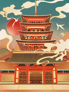 中国风国潮烫金仙鹤山水古建筑风景装饰插画背景PSD分层设计素材