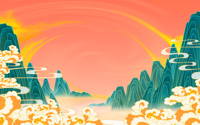 中国风国潮风山水祥云插画图案首页装修海报背景PSD设计模板素材psd模版下载