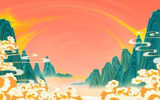 中国风国潮风山水祥云插画图案首页装修海报背景PSD设计模板素材