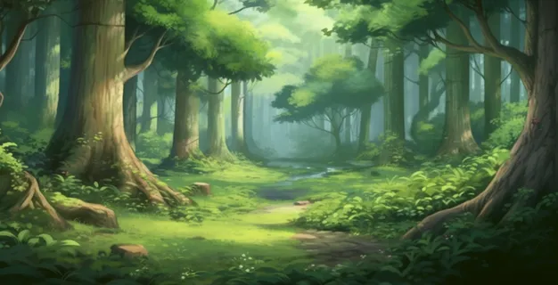 卡通插画山谷树林草坪野花