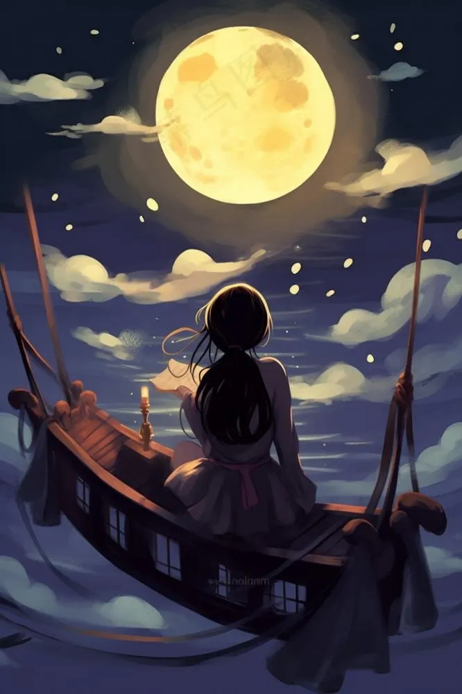 中秋夜圆月女孩赏月插画背景(896x1344)