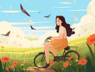 草原花丛里女孩坐着自行车卡通插画