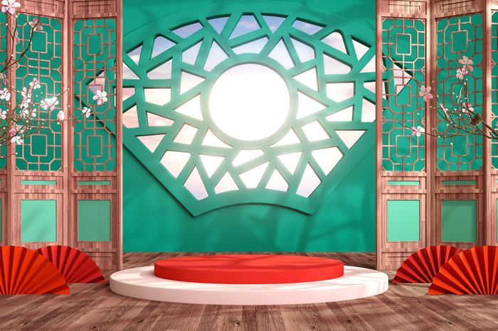 中国风古典喜庆C4D背景图3D国潮场景促销活动海报PSD设计素材模板