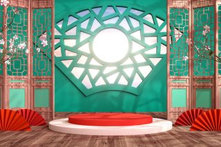 中国风古典喜庆C4D背景图3D国潮场景促销活动海报PSD设计素材模板