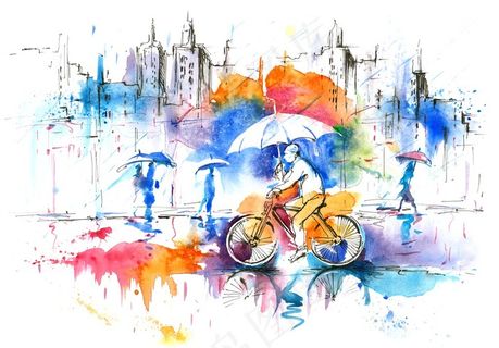 骑单车打伞的人彩色水墨绘画高清图片