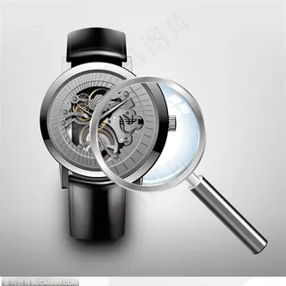 品质细节素材--打开后盖的钟表和放大镜钟表图片