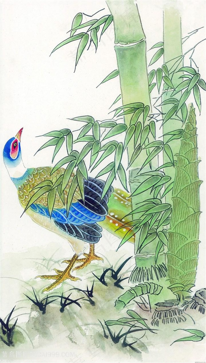 竹子中式彩色鸟高清装饰画