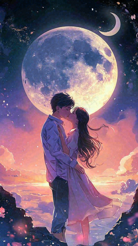 月光下情侣拥抱亲吻爱情情人节，浪漫温馨夜晚月亮(816x1456)