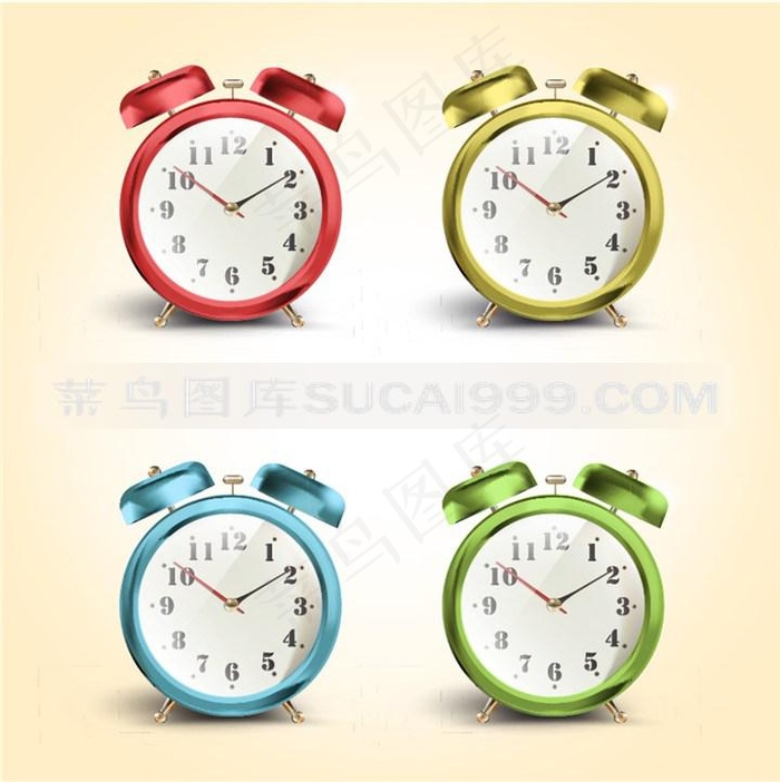 矢量四种颜色闹钟