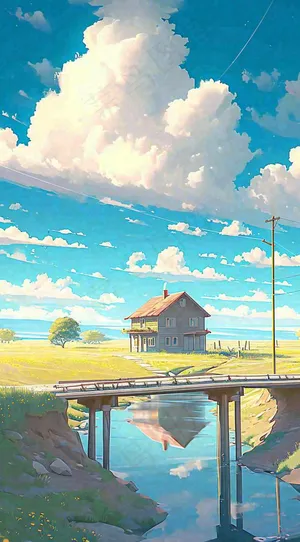 蓝天草坪上小屋房子在河流旁，河面倒影