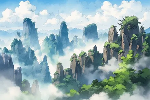 张家界风景水彩群山远景翠绿色插画 张家界风景水彩群山远景翠绿色插画