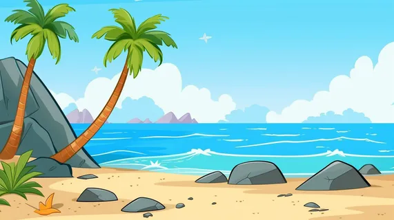 卡通插画海边沙滩礁石椰子树 