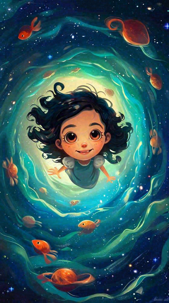 炫酷浪漫海洋海底水底可爱女孩手绘插画，鱼类水母生物(816x1456)