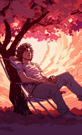 夕阳傍晚大树下坐着椅子上的少年男孩梦幻卡通插画