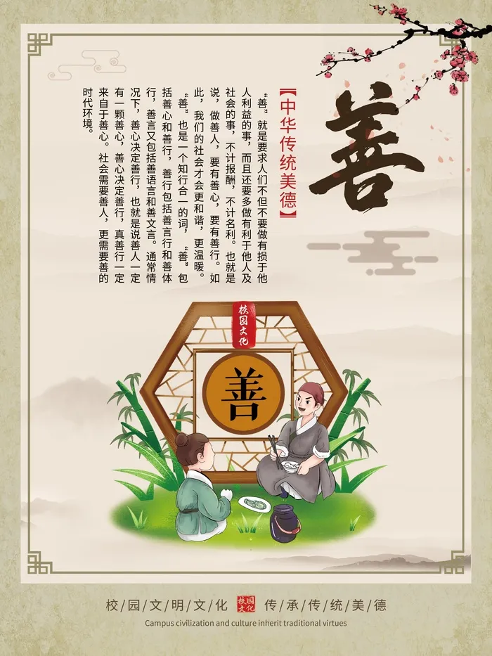 中国风国学中华美德校园文化墙挂画善系列海报psd模版下载