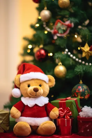 圣诞树礼盒小棕熊礼物节日摄影图