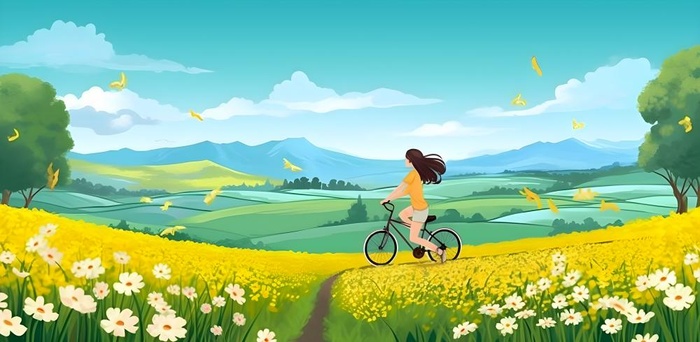春天蓝天鸟白云群山花丛草丛骑着自行车的女孩人物插画素材背景