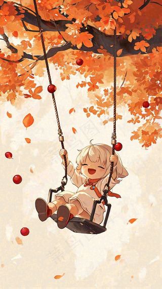 秋天秋叶树下卡通女孩荡秋千手绘插画，唯美落叶