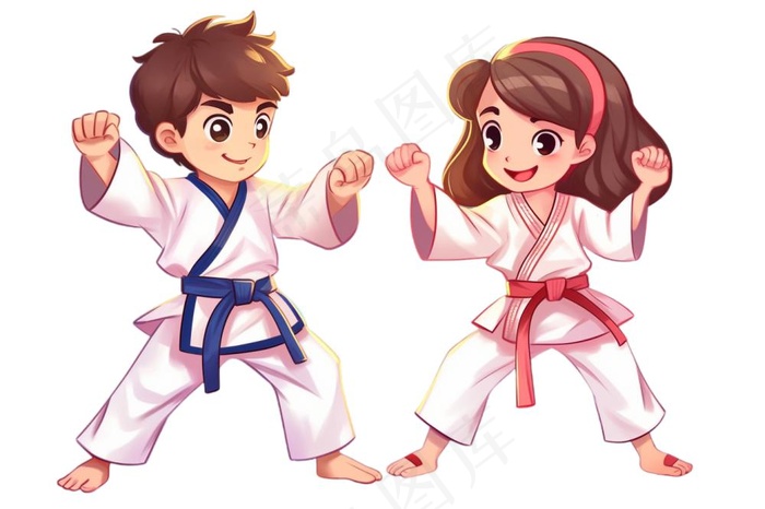 跆拳道男孩女孩对战插画免抠