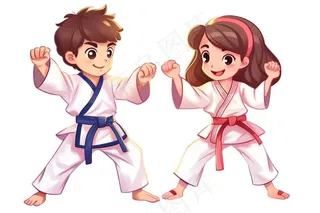 跆拳道男孩女孩对战插画免抠