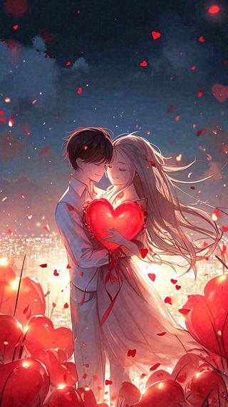 烟花中情侣在情人节的夜晚里拥抱亲吻，红色爱心气球爱情甜蜜