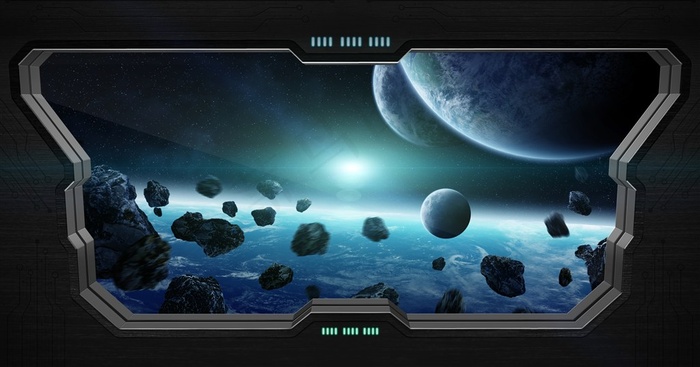 飞机机舱与与宇宙景色摄影图