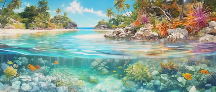 海滩旁清澈的海水异想天开的梦境风格热带象征主义(5040x2160)