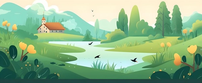 春夏森林山坡草地花草鸟绿植风景插画海报素材背景(6848x2816)