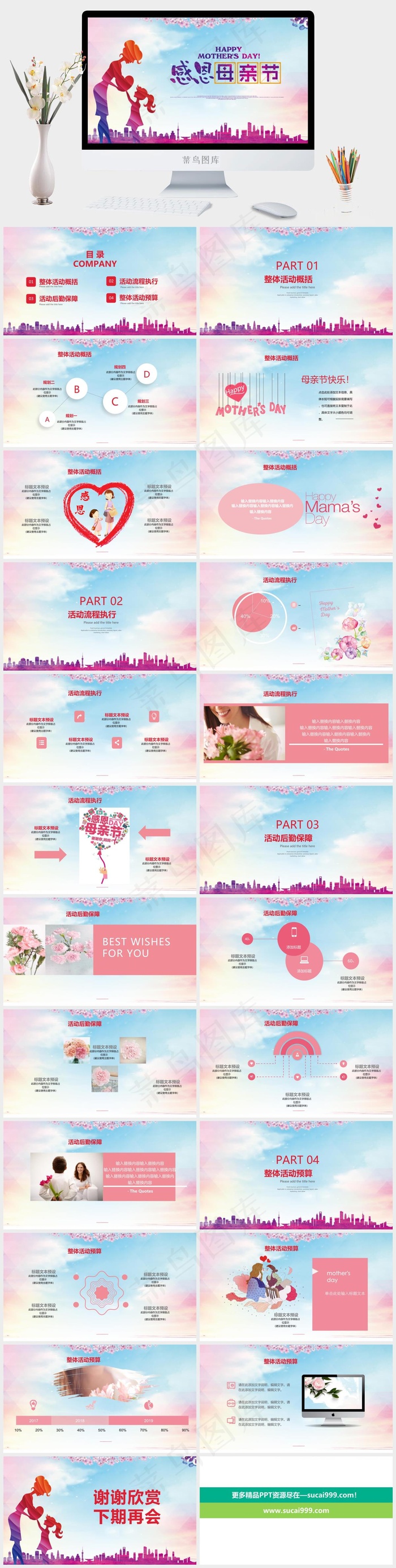 卡通剪影感恩母亲节活动项目PPT模板