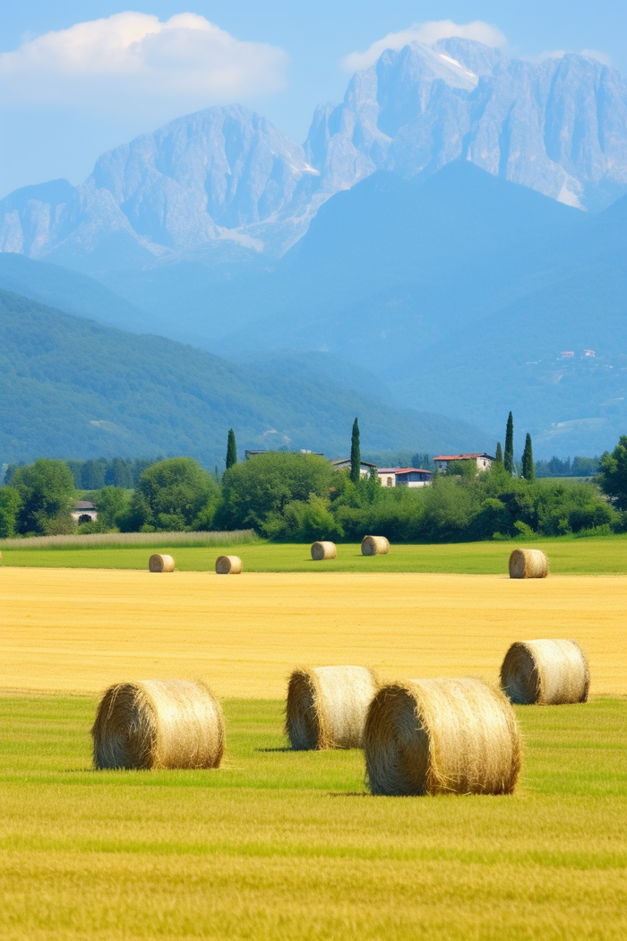 a field with hay bales and mountains in the background, a picture by Giuseppe Camuncoli, shutterstock, figuration libre, southern european scenery, felucia landscape, countryside 