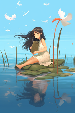 少女坐着湖中叶子上玩耍蓝色背景卡通插画