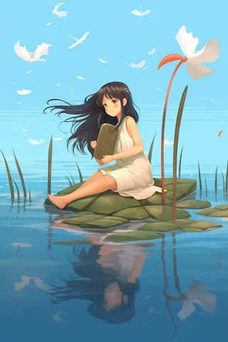 少女坐着湖中叶子上玩耍蓝色背景卡通插画