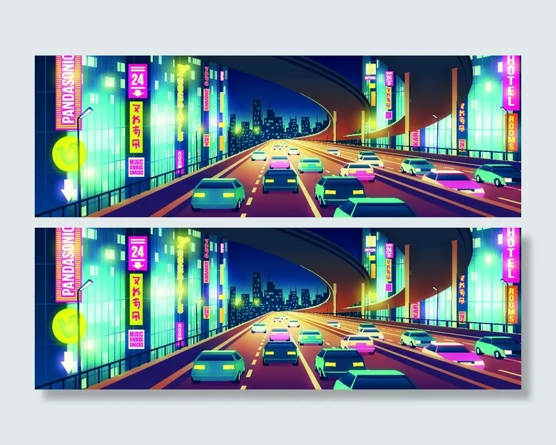 时尚潮流赛博朋克元宇宙虚拟城市夜景Banner海报背景AI矢量图素材eps,ai矢量模版下载