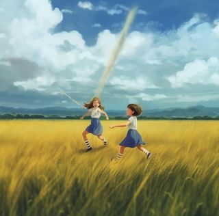 儿童玩乐草地奔跑清新插画