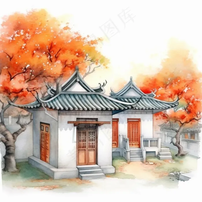 秋季胡同里古代建筑庭院水彩画水墨画素材(1024x1024)