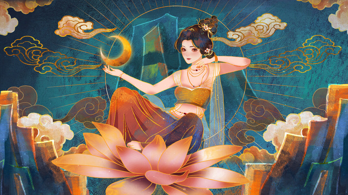 复古中国风国潮神话人物敦煌插画仙女手绘海报背景PSD设计素材