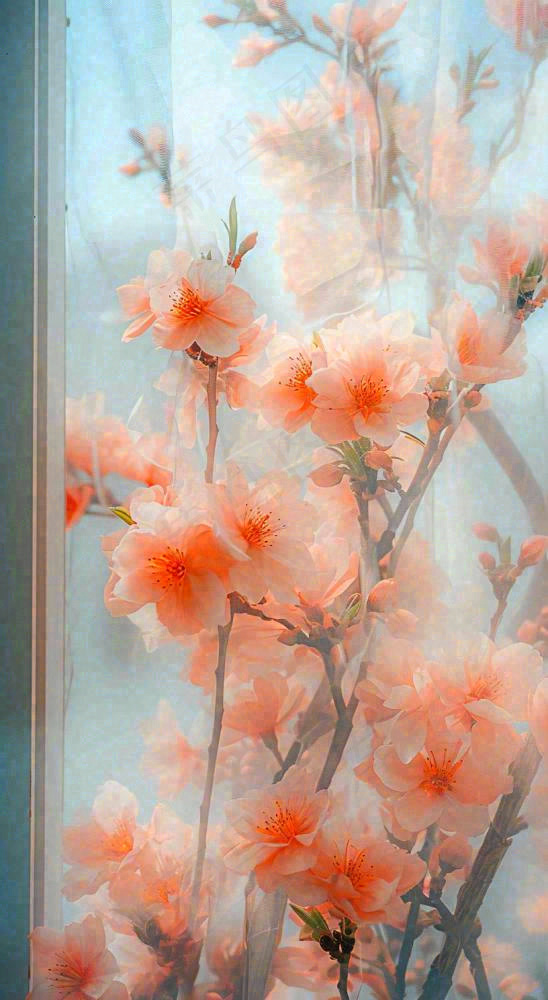春天窗台橙色渐变鲜花，朦胧枝叶，春节立春(816x1488)
