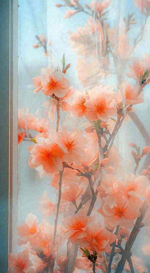 春天窗台橙色渐变鲜花，朦胧枝叶，春节立春