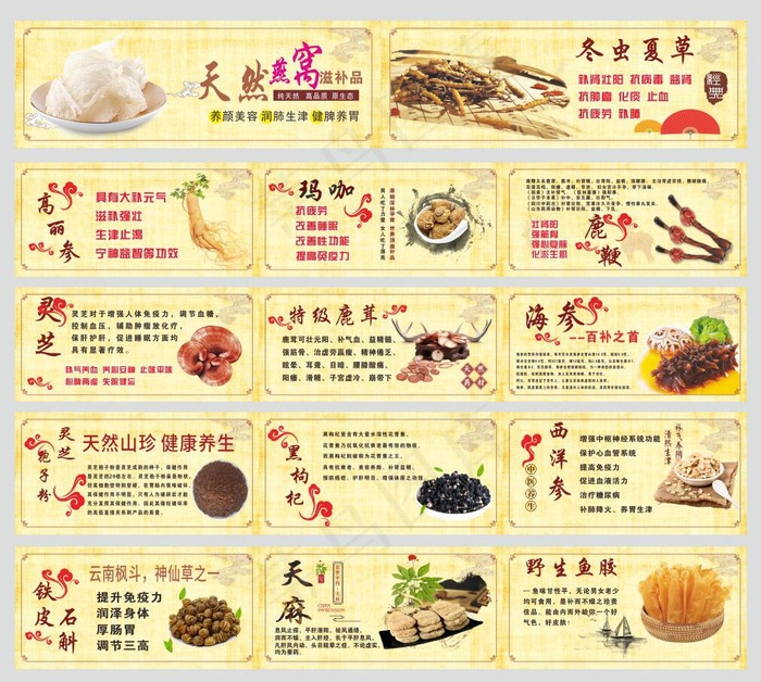 燕窝 冬虫夏草 滋补品 鱼胶 花胶 人参 海参 天麻 鹿鞭 玛咖