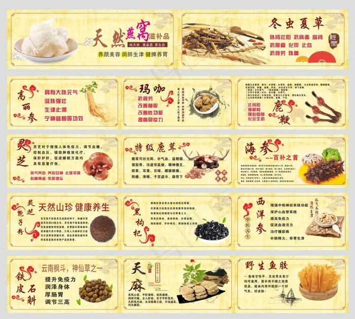 燕窝 冬虫夏草 滋补品 鱼胶 花胶 人参 海参 天麻 鹿鞭 玛咖cdr矢量模版下载