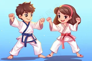 跆拳道对抗男女卡通插画素材背景